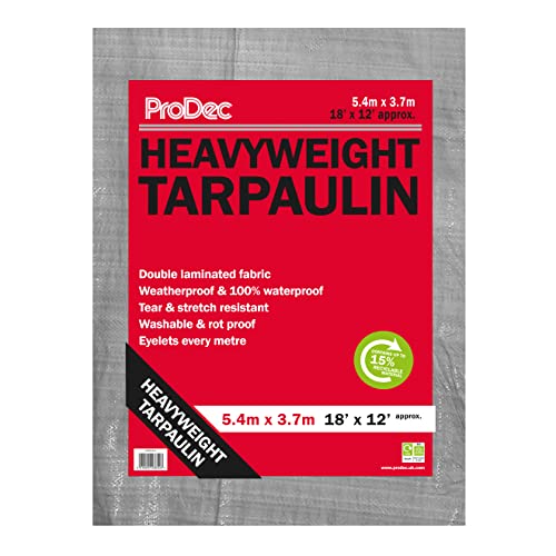ProDec 5,4 m x 3,6 m schwere, wasserdichte, doppelt laminierte Mehrzweckplane – wetterfest, verstärkte Ösen, ideal für den BAU, zum Abdecken von Fahrzeugen, Booten, als Bodenplane von ProDec
