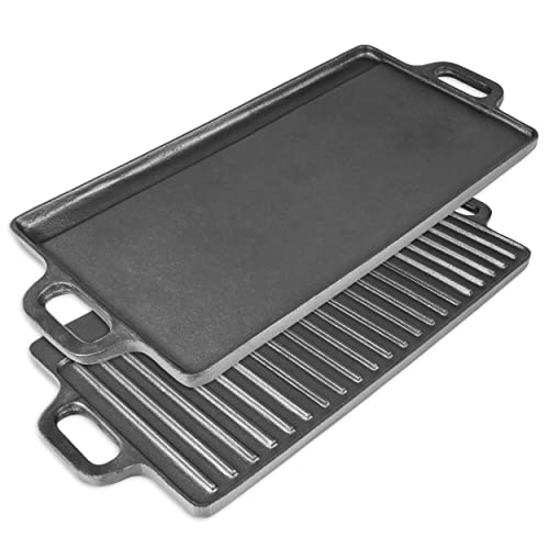 ProSource 2-in-1 Reversible 19.5” x 9” Cast Iron Griddle with Handles, Preseasoned & Non-Stick for Gas Stovetop, Oven and Open Fire. von ProSource