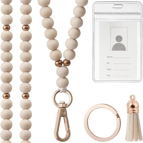 Ausweishalter und Perlen-Lanyard-Set für Damen, transparenter Kartenhalter mit Perlen, Umhängeband, Quasten, Charm, Schlüsselanhänger von Psdndeww