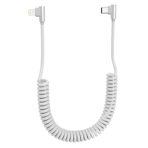 USB C auf Lightning Spiralkabel iPhone Ladekabe MFi Zertifiziert 90° Stecker Kurz Spiral Kabel mit Datenübertragung für Apple Carplay Auto, Tragbares Anti-Tangle Handyzubehör 90 Grad Winkel, Weiß von Pubiohs