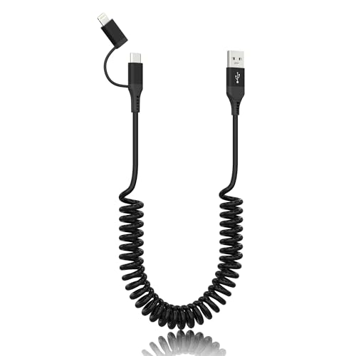 USB auf Lightning und USB C Kabel 2 in 1 Spiralkabel Auto Ladekabel für Apple Carplay und Android Auto, [MFi, 3A Schnellladen & Daten] USB Typ A auf Typ C & Lightning Spiral Kurz Tragbar Anti-Wicklung von Pubiohs