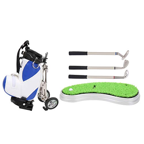 Puepoul Desktop-Golf-Stift-Set, 3 Kugelschreiber und Mini-Tasche, Golf-Stift-Tasche aus Zinklegierung mit Sockel, Golf-Taschen-Stift-Set, Mini-Golf-Tasche (Blue and White) von Puepoul