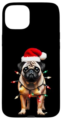 Hülle für iPhone 15 Plus Mops mit Weihnachtsmannmütze, Weihnachtsbeleuchtung, Hundebesitzer, Mutter, Vater, Liebhaber von Pug Christmas Products