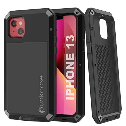 Punkcase Schutzhülle für iPhone 13 (2021), robust, Militärqualität, stoßfest, Hartaluminium und TPU-Design, mit Displayschutz aus gehärtetem Glas für iPhone 13 (6,1 Zoll) (2021), Schwarz von PunkCase