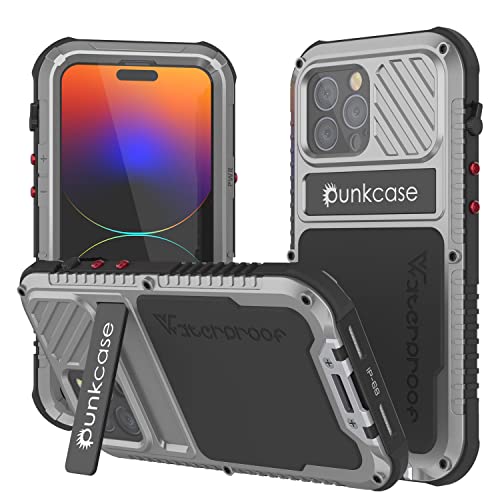 Punkcase wasserdichte Aluminiumhülle für 14 Pro Max [Metal Extreme 3.0] IP68 Militärqualität, mit integriertem Displayschutz und Ständer, Schutz für iPhone 14 Pro Max (6,7 Zoll) [Silber] von PunkCase