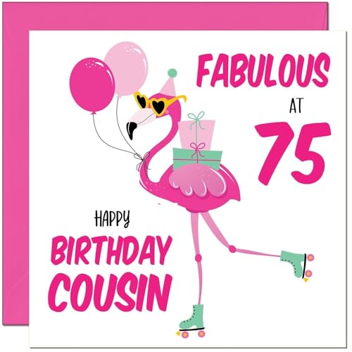 Geburtstagskarte für den 75. Cousin – Fabulous Flamingo – Rosa süße Cousins Geburtstagskarte für 75 Jahre alt Fünfundsiebzig von Purple Fox