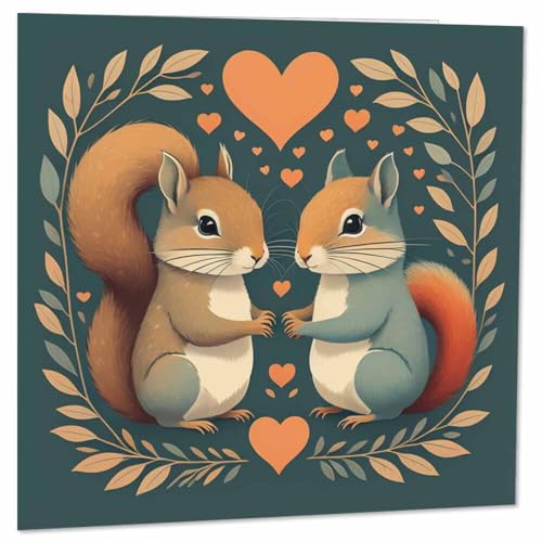 Glückwunschkarte zum Hochzeitstag, Motiv: Eichhörnchen, für Sie und Ihn, romantische Liebe, 145 x 145 mm von Purple Fox