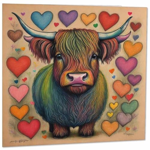 Highland Cow Grußkarte zum Zeichnen – Hochlandkuh Liebesherzen 145 mm x 145 mm von Purple Fox