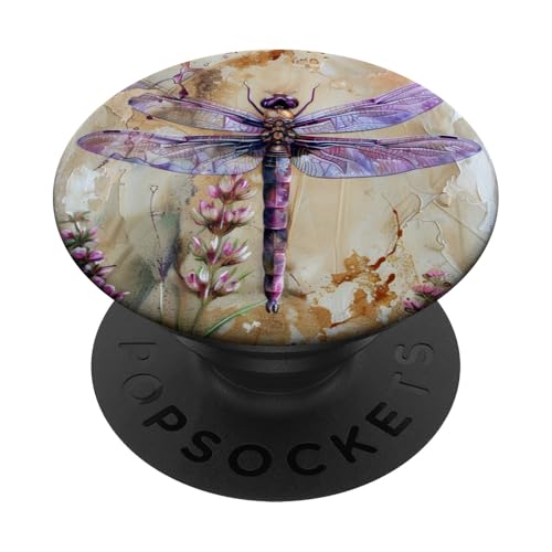 Libelle mit lila Flügeln und rosa Blumen PopSockets Klebender PopGrip von Purple Lilac Flowers Dragonfly Designs