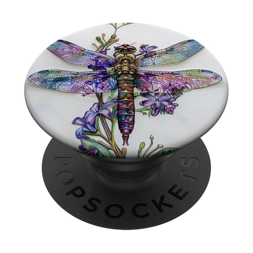 Libelle umgeben von lila Blumen und Blättern PopSockets Klebender PopGrip von Purple Lilac Flowers Dragonfly Designs