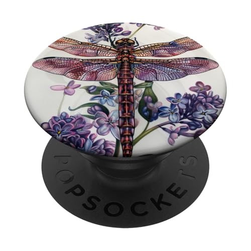 Libelle umgeben von lila Blumen und Blättern PopSockets Klebender PopGrip von Purple Lilac Flowers Dragonfly Designs