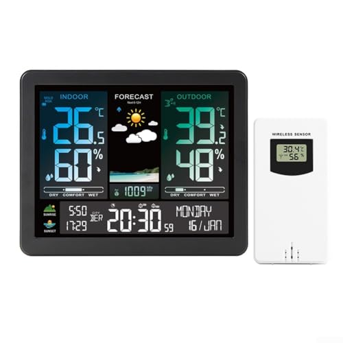 Puupaa Wetterstation Funk mit Außensensor Innen LCD Digitale Wetterstation mit Wecker, Barometer, Temperatur, Luftfeuchtigkeitsmonitor, Wettervorhersage von Puupaa