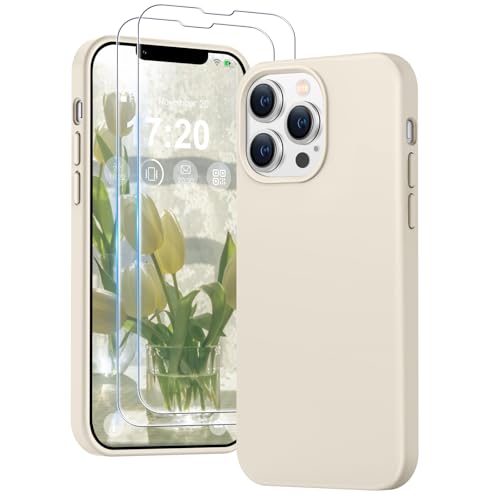 PuyaTeya 3 in 1 Hülle für iPhone 13 pro max, mit 2 Stück 9H Panzerglas Premium Liquid Silikon Hülle, mit 4-Layer stoßfesteabriebfestes, Soft Mikrofaserfutter Kratzfes Schutzhülle(Beige) von PuyaTeya