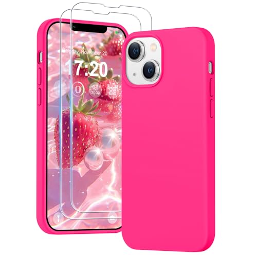 PuyaTeya 3 in 1 Hülle für iPhone 13/14, mit 2 Stück 9H Panzerglas Premium Liquid Silikon Hülle, mit 4-Layer stoßfesteabriebfestes, Soft Mikrofaserfutter hülle für iPhone 13/14(Neon Pink) von PuyaTeya