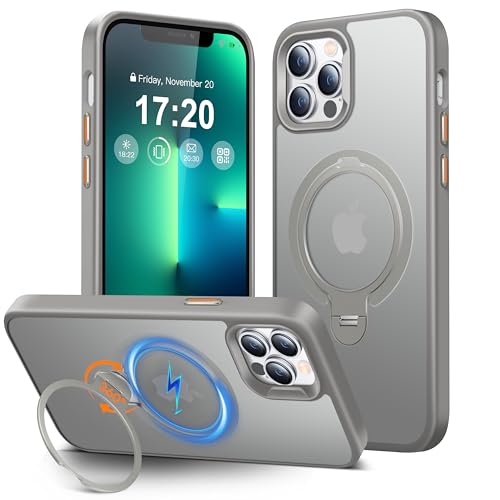 PuyaTeya Upgraded 360° Drehbarer Ständer Hülle für iPhone 13 pro, [Magnetischer Standring] [Schutz in Militärschutz] Weiche TPU Rand Matt Rückseite Samtweiche Haptik Anti-Fingerabdruck (Grau) von PuyaTeya