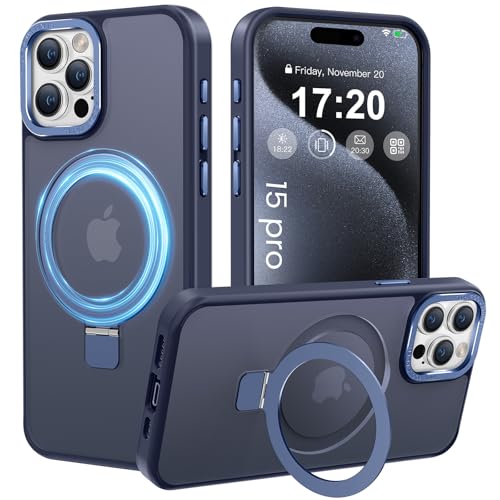 PuyaTeya Handyhülle für iPhone 15 pro Hülle, [mit Unsichtbarem Ständer ][mit MagSafe] Kratzfeste Anti-Fingerabdruck [Transluzente Matte] Hülle für iPhone 15 pro 6.1"(Navy Blau) von PuyaTeya