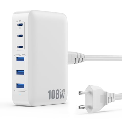 108W USB C Ladegerät Mehrfach, 6 Ports GaN III Schnellladegerät Ladestation mit 3 PD + 3 QC Charger Station, Charger USB Hub C Netzteil für iPhone 16/15 Airpod iPad Sumsung Switch usw 108W USB C Ladegerät Mehrfach, 6 Ports GaN III Schnellladegerät Ladestation mit 3 PD + 3 QC Charger Station, Charger USB Hub C Netzteil für iPhone 16/15 Airpod iPad Sumsung Switch usw von Pxwaxpy