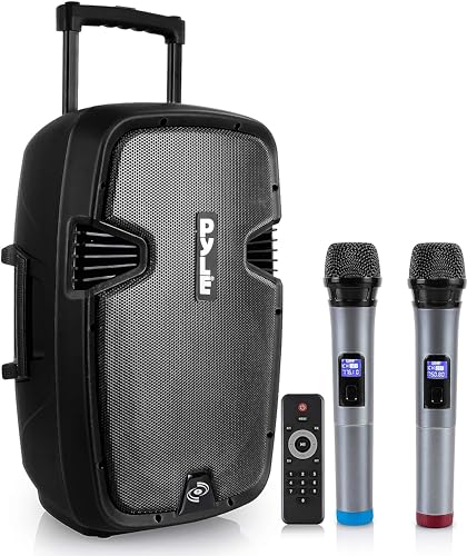 Pyle Karaoke tragbares PA-Lautsprechersystem 1600 W Aktiv-Powered Bluetooth,kompatibel mit Lautsprecher, wiederaufladbarer Akku, Easy Carry Wheels, USB MP3 RCA, FM-Radio, 2 UHF Mikrofon, Fernbedienung von Pyle