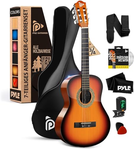 Pyle Kinder Gitarre Akustik – Guitar with Strings Acoustic, Konzert Gitarre für Kinder, Akustische Gitarre mit Set, Gitarre Tuner & Tasche, Kinder Gitarre ab 8 Jahre, Gitarre 3/4 Anfänger, Orange von Pyle