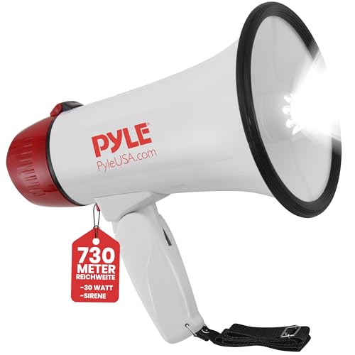 Pyle Megaphon mit Sirene, Signalhorn – Siren Megaphone – Megafon Kinder & Erwachsene 30 Watt, Faltbare Megaphone mit Sirene, LED Leuchten & Mikrofon 0,6Kg, Lautstärke Einstellbar, Reichweite: 600m von Pyle