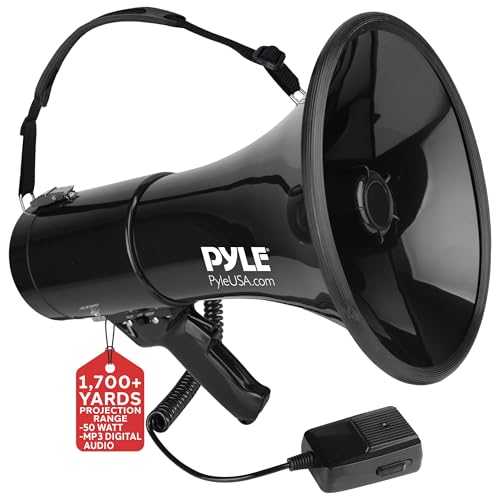 Pyle Signalhorn, Megaphon – Megaphone with Siren – Megafon mit Sirene und Mikrofon, sowie Aux verbindung 50W, Handsirene als Polizei Sirene, als Fussball Tröte oder Stadion Tröte zum Anfeuern, Faltbar von Pyle