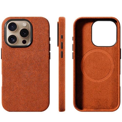 QANXGOG Alcantara-Wildlederhülle für iPhone 16 Pro Max/16 Pro/16 Plus/16, Kompatibel mit MagSafe, Handgefertigt, Echtes Italienisches Wildleder, Ultradünn, Kratzfest, rutschfest,Orange,16 Pro von QANXGOG