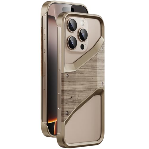 QANXGOG Hülle für iPhone 16 Pro Max/16 Pro/16, Rahmenlose Wärmeableitungshülle Aus Holz und Aluminiumlegierung, Glatte Kanten, Stil und Schutz,Desert Titanium,16 Pro von QANXGOG