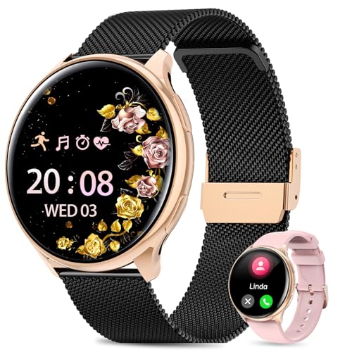 QEYUMYEU 2025 Smartwatch Damen mit Telefonfunktion, 1.39" Smartwatch mit Touchscreen Schlafmonitor SpO2 Menstruationszyklus Herzfrequenz IP68 Fitness Tracker für iOS Android (Schwarz Gold) von QEYUMYEU