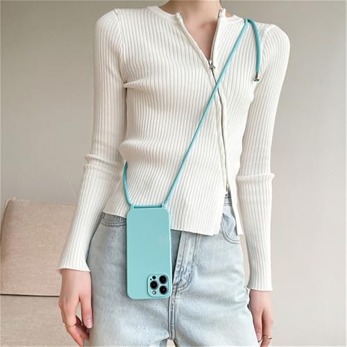 QGGNMGT Flüssiges Silikon Candy Einfarbige Crossbody-Halskettenkordel-Hülle für iPhone 15 Pro Max 11 12 13 14 Plus XS XR X 8 7 Cover, Mintblau, Für iPhone 14Pro Max von QGGNMGT