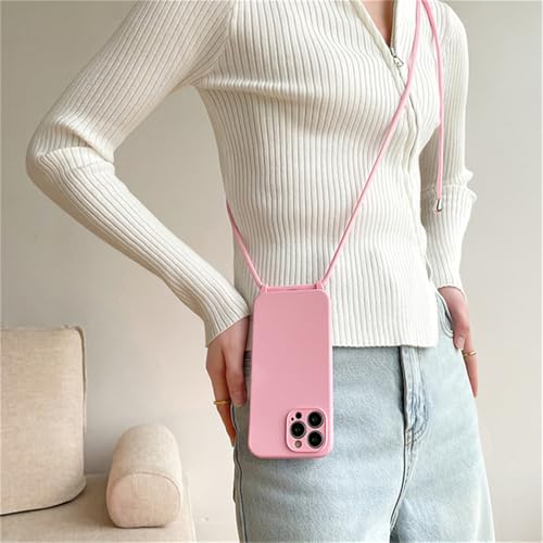 QGGNMGT Flüssiges Silikon Candy Einfarbige Crossbody-Halskettenkordel-Hülle für iPhone 15 Pro Max 11 12 13 14 Plus XS XR X 8 7 Cover, Pink, Für iPhone 13Pro Max von QGGNMGT