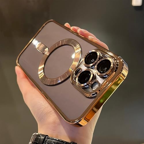 QGGNMGT Luxuriöse, magnetische, kabellose Ladeplattierung, transparente Hülle für iPhone 11 12 13 14 15 Pro Max, Silikonhülle, Gold, für iPhone 15 Plus von QGGNMGT