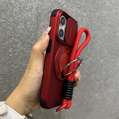 QGGNMGT Ständerhalter Schiebefenster Magnetisch mit Handschlaufe Handyhülle für iPhone 15 Pro Max 13 12 11 14 Plus Bumper Cover, rot, für iPhone 14 von QGGNMGT