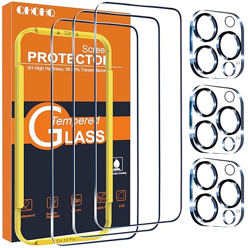 QHOHQ 3 Stück Panzer Schutz Glas für iPhone 15 Pro mit 3 Stück Kameraschutz, 9H Härte Schutzfolie, Ultra-Klar Displayschutzfolie, Anti-Kratzer, Bläschenfrei von QHOHQ