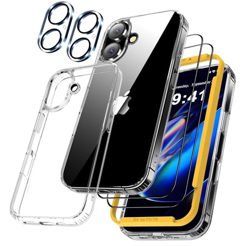 QHOHQ 5-in-1-Set für iPhone 16 Hülle [Nie Vergilbung] + 2X Schutzfolie + 2X Kamera Schutzhülle, Militärstandard Rundumschutz Handyhülle Case, Stoßfest, Anti-Kratzt, Klar von QHOHQ