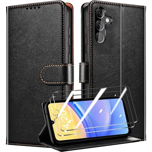 QHOHQ Handyhülle für Samsung Galaxy A15 4G/5G Hülle mit 2 X Panzer Schutz Glas, Premium Leder Schutzhülle, [RFID Sperrung Schutz], Magnetische Schnalle, Multifunktional, Stoßfest (Klassiker) - Schwarz von QHOHQ