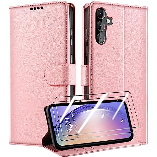 QHOHQ Handyhülle für Samsung Galaxy A54 5G Hülle + 2 Stück Panzer Schutz Glas, Premium PU Schutzhülle, [RFID Anti-Diebstahl Schutz], Magnetisches Flip Case für Samsung A54 5G - Rosa von QHOHQ