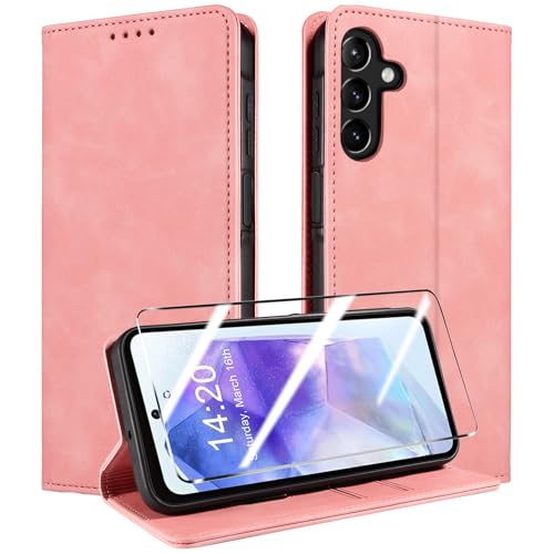 QHOHQ Handyhülle für Samsung Galaxy A55 5G Hülle [mit A55 Schutzfolie], Premium Lederhülle Schutzhülle, [RFID Sperrung Schutz], Magnet Klappbar Flip Case Tasche, Kartenfach (Retro)-Rosa von QHOHQ