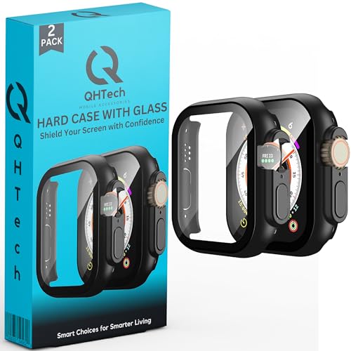 QHTech Case for Apple Watch Ultra/Ultra 2 Tempered Glass, Hard PC All-Round Protector, Ultra Thin Schutzhülle für Apple Watch Ultra/Ultra 2 Schutzhülle Packung mit 2 (Schwarz-49mm) von QHTech