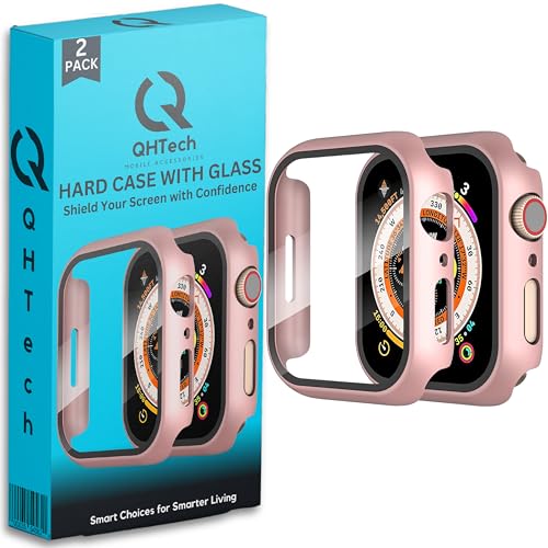 QHTech Case for Apple iWatch Series 9/8/7 Tempered Glass, Hard PC All-Round Protector, Ultra Thin Schutzhülle für Apple iWatch Series 9/8/7 Schutzhülle Packung mit 2 (Rosa-41mm) von QHTech