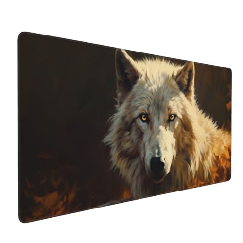 Weißer Wolf Mauspad XXL 500x250x3 mm, Groß Gaming Mauspad Design Vernähte Kanten, Wetterfest Anti Rutsch Mousepad PC Laptop verbessert Präzision und Geschwindigkeit, für Home Office A-17 von QIANLUOO