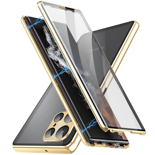 QIFAFEI Magnetische Schutzhülle für Samsung Galaxy S24 Ultra/S24 Plus/S24, doppelseitig, transparent, gehärtetes Glas, mit Kameraschutz, stoßfester Aluminium-Stoßfänger mit Sicherheitsschloss (Gold, von QIFAFEI