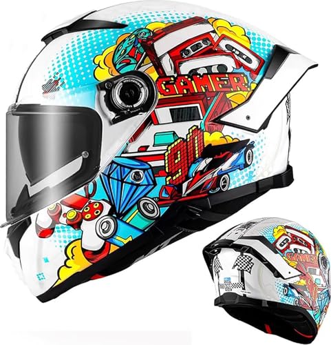 Integralhelm Motorradhelm mit Sonnenblende ECE.R22.06/DOT Zertifizierung Rollerhelm Damen & Herren Sport Motorrad-Helm Racing Moto-Cross Helm F,L=57-58CM von QKBMFK