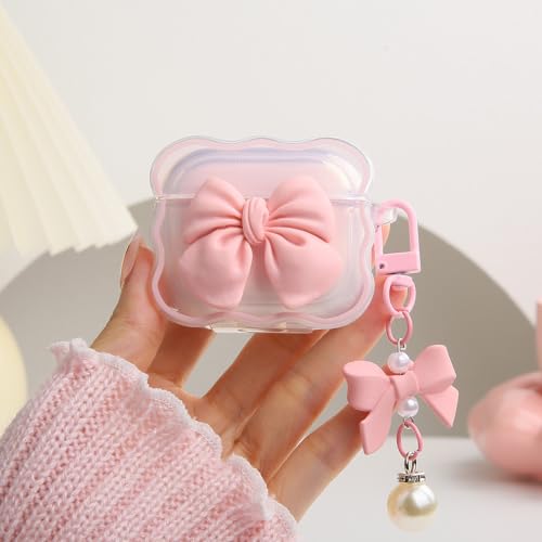 QLD COVER Kompatibel mit Apple AirPods 3 Generation 2021 Hülle, niedliches 3D Fliege Design stoßfest weich klar TPU Kawaii Airpods 3 Schutz mit Schlüsselanhänger für Frauen Mädchen Schleife Rosa von QLD COVER