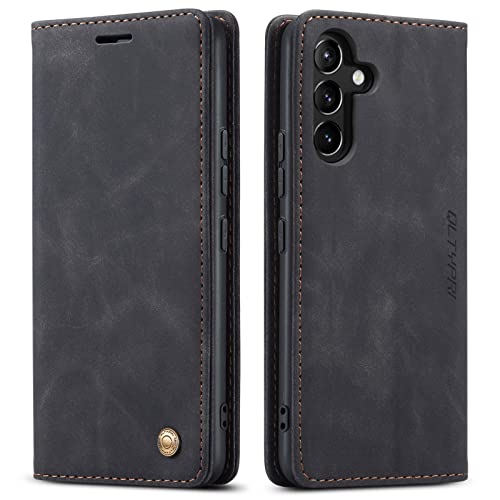 QLTYPRI Hülle für Samsung Galaxy A15 5G/4G, Vintage Dünne Handyhülle mit Kartenfach Geld Slot Ständer PU Ledertasche TPU Bumper Wallet Case Flip Schutzhülle für Samsung Galaxy A15 - Schwarz von QLTYPRI