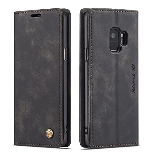 QLTYPRI Hülle für Samsung Galaxy S9, Vintage Dünne Handyhülle mit Kartenfach Geld Slot Ständer PU Ledertasche TPU Bumper Flip Schutzhülle Kompatibel mit Samsung Galaxy S9 - Schwarz von QLTYPRI