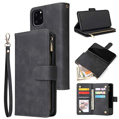 QLTYPRI Hülle für iPhone 11, Premium Leder Handyhülle mit Große Kapazität 6 Kartenfach & 1 Reißverschluss Tasche Ständer Schutzhülle für iPhone 11 - Schwarz von QLTYPRI