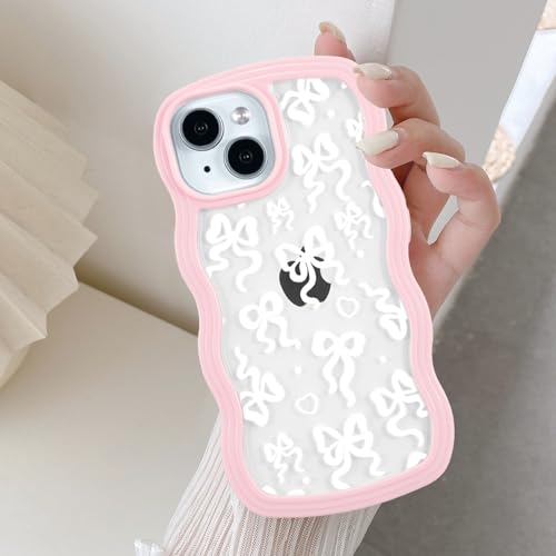 QLTYPRI für iPhone 13 Hülle, für iPhone 14 Transparent Handyhülle Aesthetic Curly Case mit Schleife Frauen Mädchen Süßes Wellen Design Silikon TPU Bumper Schutzhülle - Rosa/Weiß von QLTYPRI