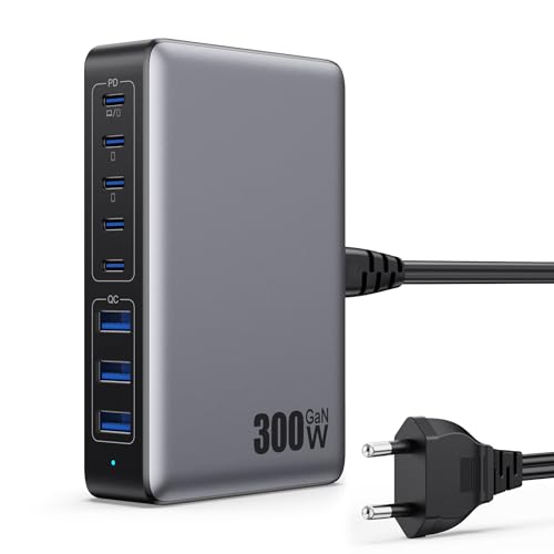 300W USB C Ladegerät Mehrfach, 8 Ports USB Schnellladegerät USB Ladestation mit 5 USB-C und 3 USB-A Charger PD PPS 100W USB C Netzteil für Laptop, MacBook, iPad, iPhone 16/15/14...Sumsung usw-Schwarz von QODJN