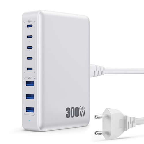 300W USB C Ladegerät Mehrfach, 8 Ports USB Schnellladegerät USB Ladestation mit 5 USB-C und 3 USB-A Charger PD PPS 100W USB C Netzteil für Laptop, MacBook, iPad, iPhone 16/15/14...Sumsung usw-Weiß von QODJN