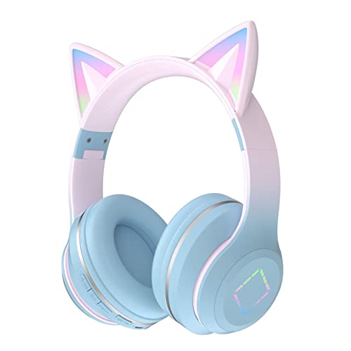 QOTSTEOS Niedliches Katzenohr-Gaming-Headset, bequem, faltbar, tragbar, kabellos, Gaming-Kopfhörer mit RGB-Lichtern, 3D-Stereo-Sound-Effekt (Himmelblau) von QOTSTEOS